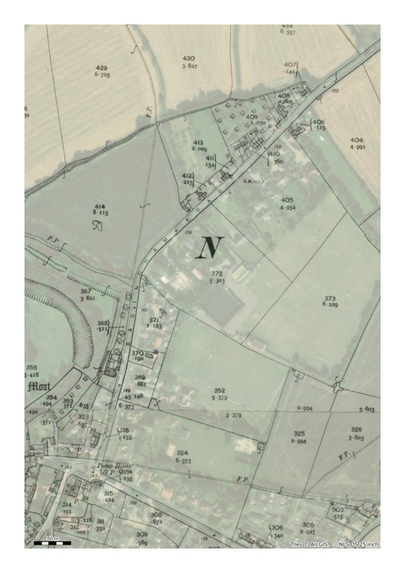 1903 OS map of Pound Farm, Framlingham overlaid with present day (2024) satellite imagary